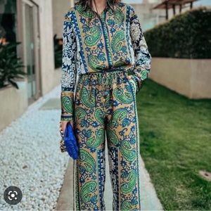 Zara Satin Print Two Piece Blouse and Pant Set